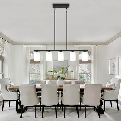 Modern Island Lights for Kitchen 5-Light Black Dining Room Light Fixtures Over Table Glass Penadnt Lights Adjustable Hanging Kitchen Island Lighting Linear Farmhouse Chandelier Over Island