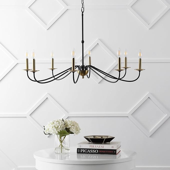 JONATHAN Y 40" Brass Gold/Black 8-Light Bohemian Farmhouse Iron Chandelier, Rustic Candle-Style LED Hanging Light for Dining Room Kitchen Island Entryway Foyer (JYL7914B)