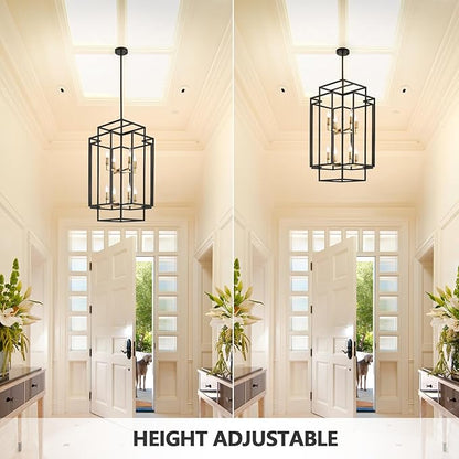 8-Lights Tiered Lantern Pendant Light, Black and Gold Farmhouse Chandelier, Industrial Large Chandeliers for High Ceiling, Modern Foyer Lighting Fixture, for Living Room Entryway Staircase