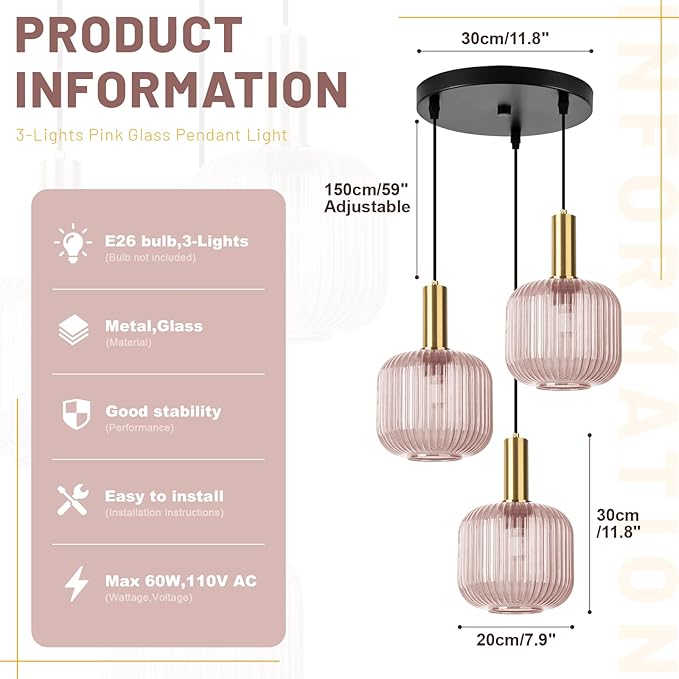 3-Lights Pink Glass Pendant Light with Striped Shade, 59" Adjustable Hanging Chandelier Vintage Industrial Ceiling Light Fixture for Dining Room Living Room Bedroom