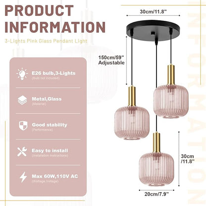 3-Lights Pink Glass Pendant Light with Striped Shade, 59" Adjustable Hanging Chandelier Vintage Industrial Ceiling Light Fixture for Dining Room Living Room Bedroom