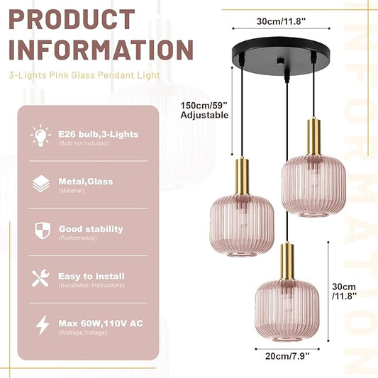 3-Lights Pink Glass Pendant Light with Striped Shade, 59" Adjustable Hanging Chandelier Vintage Industrial Ceiling Light Fixture for Dining Room Living Room Bedroom