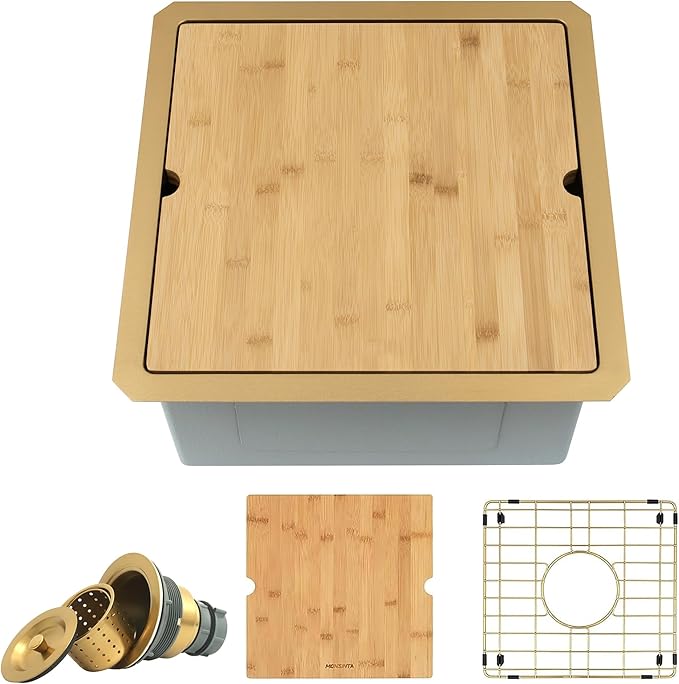 Gold Bar Sink Undermount, 16 Gauge SUS304 Stainless Steel All In One Workstation Sinks with Ledge & Accessories, 15" x 15" x 10" Small Kitchen Sink Prep Sink for Wet Bar, Outdoor,RV