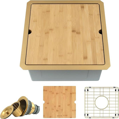 Gold Bar Sink Undermount, 16 Gauge SUS304 Stainless Steel All In One Workstation Sinks with Ledge & Accessories, 15" x 15" x 10" Small Kitchen Sink Prep Sink for Wet Bar, Outdoor,RV