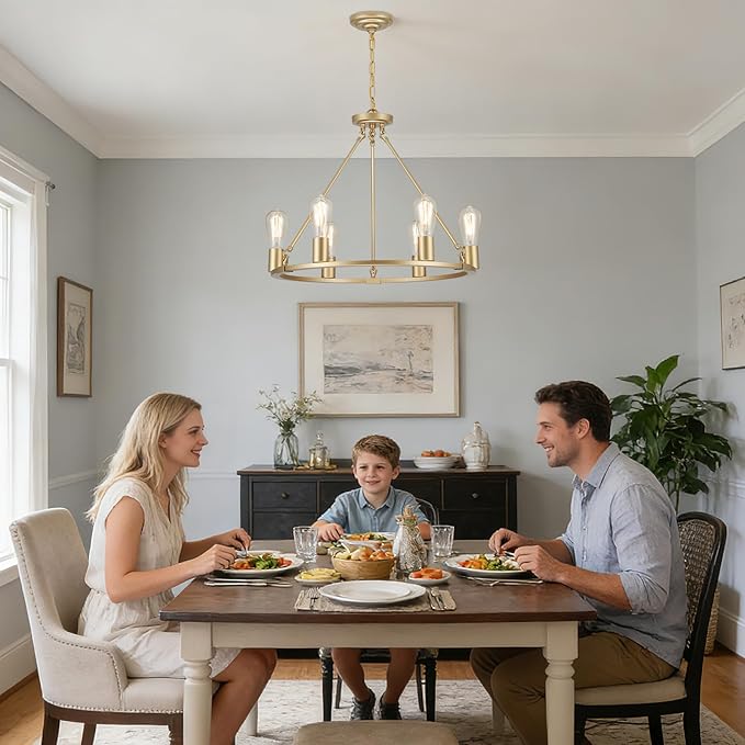 6-Lights Gold Chandelier | Dia 24'' Farmhouse Wagon Wheel Chandelier | Rustic Hanging Dining Room Light Fixture | Apply to Living Room | Kitchen Island | Entryway | Foyer