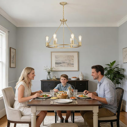 6-Lights Gold Chandelier | Dia 24'' Farmhouse Wagon Wheel Chandelier | Rustic Hanging Dining Room Light Fixture | Apply to Living Room | Kitchen Island | Entryway | Foyer