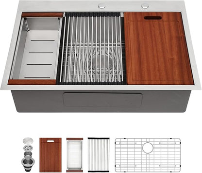 Sarlai 28 Kitchen Sink Drop In - 28 "x 22" Kitchen Sink Drop In Stainless Steel 16 Gauge Ledge Workstation Topmount Single Bowl Over Counter Kitchen Sinks Basin