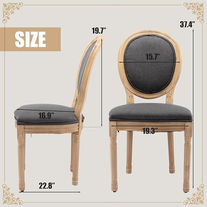 SoarFlash Linen French Dining Chairs Set of 2, Vantage Dining Chair with Round Back, Wood Leg Farmhouse Country Dining Chair for Living Room,Kitchen,Bedroom,Deep Grey