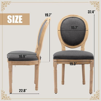 SoarFlash Linen French Dining Chairs Set of 2, Vantage Dining Chair with Round Back, Wood Leg Farmhouse Country Dining Chair for Living Room,Kitchen,Bedroom,Deep Grey