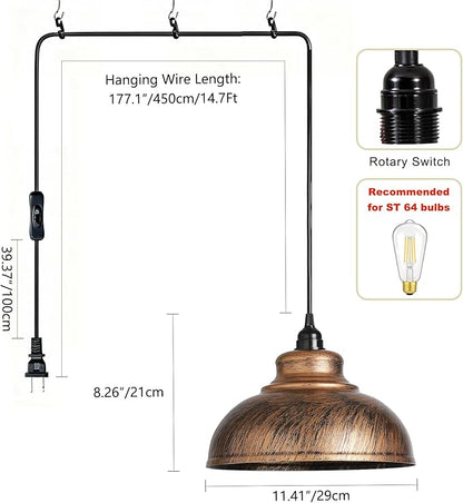 Plug in Pendant Light: Rustic Hanging Lamp Plug in, farmhouse pendant light 14.7ft Swag Lamp Cord with On/Off Switch for Kitchen Island/Dining Room/Bedroom/Living Room Farmhouse Hanging Light, No bulb