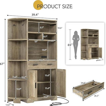 YITAHOME Kitchen Pantry Storage Cabinet, 67" Tall Kitchen Hutch with Outlet & Door & Shelves & Drawer, Farmhouse Wooden Microwave Stand Buffet Coffee Bar for Home Living Dining Room, Antique Gray
