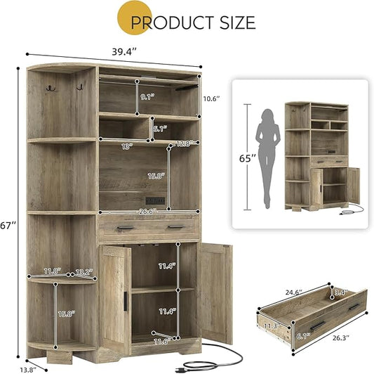 YITAHOME Kitchen Pantry Storage Cabinet, 67" Tall Kitchen Hutch with Outlet & Door & Shelves & Drawer, Farmhouse Wooden Microwave Stand Buffet Coffee Bar for Home Living Dining Room, Antique Gray