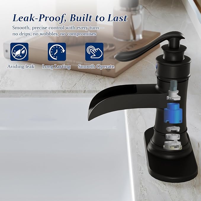 BWE Matte Black Waterfall Bathroom Sink Faucet 1 Hole or 3 Hole, Single Handle Bathroom Vanity Faucet with Pop-Up Drain and Water Supply Lines