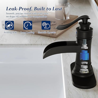 BWE Matte Black Waterfall Bathroom Sink Faucet 1 Hole or 3 Hole, Single Handle Bathroom Vanity Faucet with Pop-Up Drain and Water Supply Lines