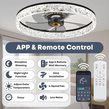 Fszdorj 20'' Ceiling Fan with Light, Upgraded Low Profile Fan, Flush Mount Ceiling Fan, 6 Speeds, Dimmable LED, App & Remote Control, Quiet DC Motor, for Bedroom, Living Room, F098 Black