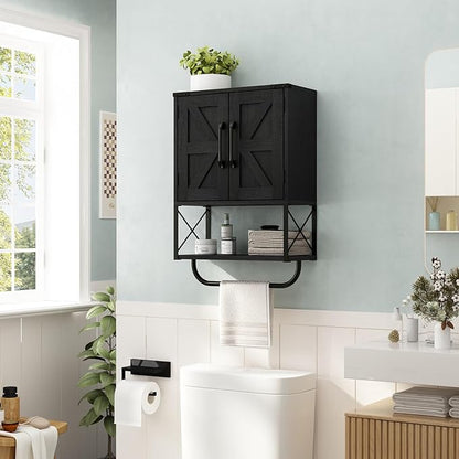 RUSTOWN Farmhouse Rustic Medicine Cabinet with Two Barn Door,Wood Wall Mounted Storage Cabinet with Adjustable Shelf and Towel Bar, 3-Tier Cabinet for Bathroom, Living Room(Black)
