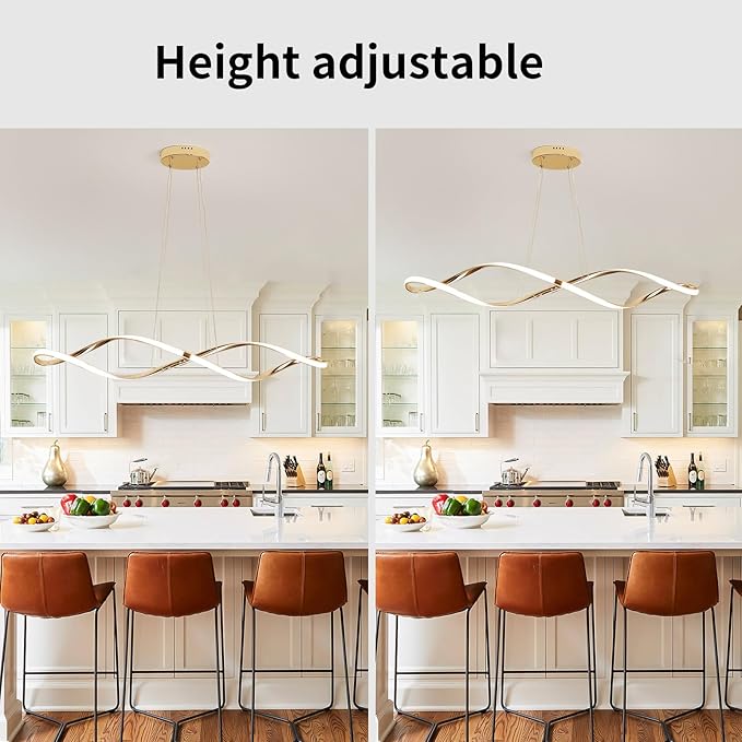 39 Inch Modern LED Pendant Light, Remote Control Dimmable Adjustable Height, DIY Kitchen Island Lighting & Dining Room Chandelier, Gold Plated Energy Saving Linear Chandelier