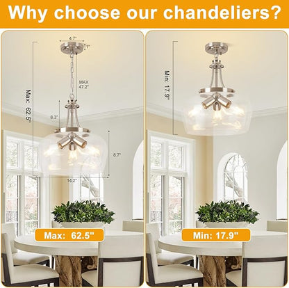 14.2" Modern Pendant Lights Kitchen Island, 3-Light Brushed Nicke Pendant Light Fixtures with Clear Glass Shade, Industrial Hanging Pendant Lights Fixture for Kitchen Island, Dining Room, Entryway