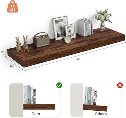 Heimlove 12" Deep Floating Shelves, 36 x 12 Inch Wall Mounted Long Floating Shelf with Invisible Brackets, for Home Decor, Bedroom, Kitchen, Living Room, Bathroom - 1 Pack, Rustic Brown