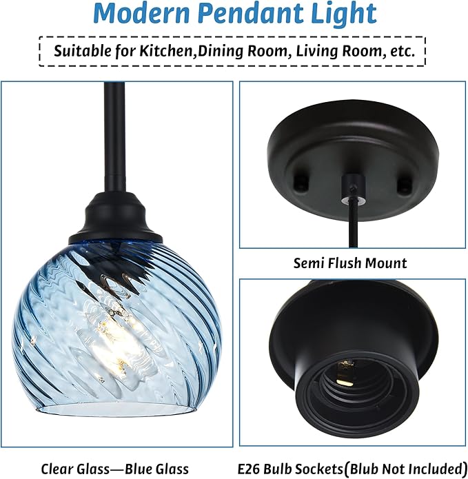 2 Pack Pendant Lights Kitchen Island with Blue Striped Swirl Globe Glass, Modern Hanging Light Fixtures Semi Flush Mount Stylish Black Pendant Lighting for Dining Room Hallway Bedroom Bar