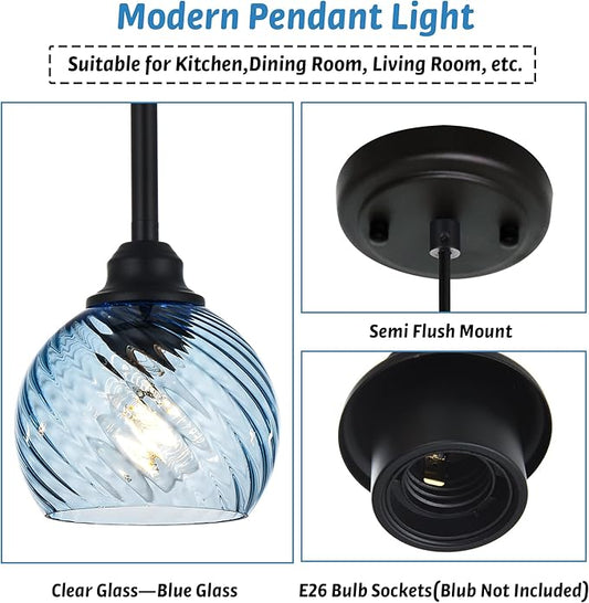 3 Pack Dining Room Light Fixture with Blue Striped Swirl Globe Glass, Stylish Kitchen Island Hanging Pendant Light Black for Bar Hallway Bedroom, 1-Light