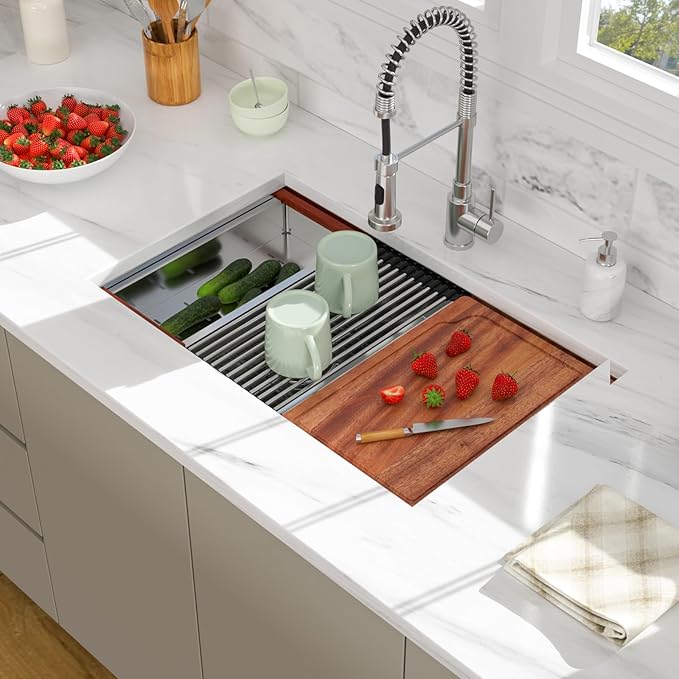 30 Undermount Kitchen Sink - 30x19 Double Bowl Kitchen Sinks Workstation 16 Gauge Stainless Steel Sink Low Divide Double Basin 50/50