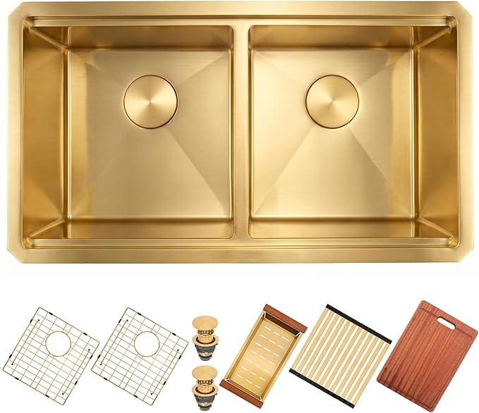 MILOSEN 32 Inch Gold Undermount Kitchen Sink, 50/50 Double Bowl Workstation Sink with Integrated Ledge & Accessories,10''Large and Deep T304 Stainless Steel Handmade Sinks