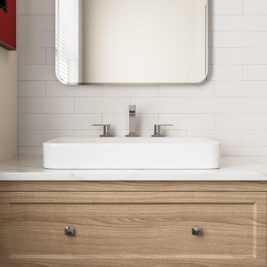 DeerValley 24x19 Inch Rectangular Drop-in Bathroom Sink, White Semi Recessed Vessel Sink with Overflow and Three Faucet Holes, Ceramic Vanity Basin, DV-1DS0121
