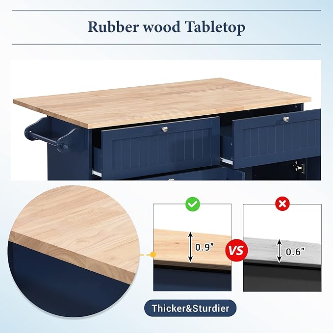 Farmhouse Kitchen Island Set with 2 Stools and Drop Leaf Dining Table with Storage Cabinet, Drawers and Towel Rack for Small Place (Blue+Black+Brown*)