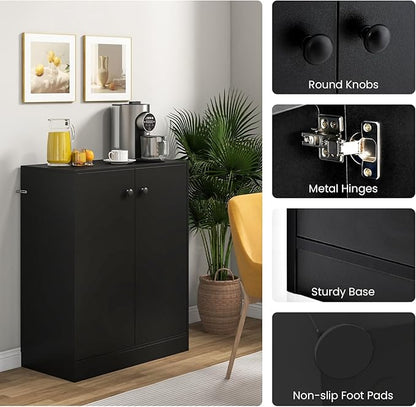 GRAFFY Wood Floor Storage Cabinet - Freestanding Sideboard Cabinet with 2 Doors and 3-Tier Shelves, Modern Storage Organizer for Living Room, Kitchen, Bathroom, Hallway, Dining Room, Entryway (Black)