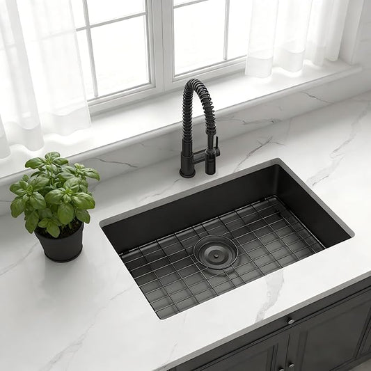 Kitsitchen Black RV Kitchen Sink,SUS304 Stainless Steel Single Bowl Black Undermount Kitchen Sink,7 Inch Depth RV Sink with Strainer & Bottom Gird, Outdoor Camper Prep Sinks(25"x16"x7")