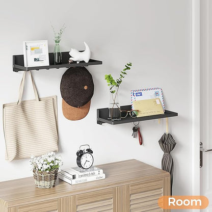 Folding Metal Shelf with Hooks, Wall Mounted Laundry Room Shelf, 8 Hooks & 90° Fold Up, Fold-Down for Rv, Bathroom, Kitchen, Garage, Space Saving, Small Space, Black（17.0", 1 Pack）