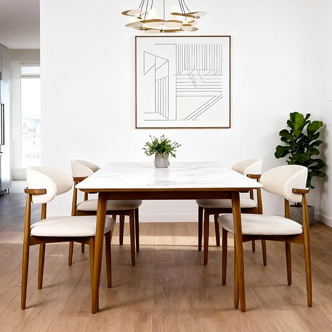 Modern Upholstered Dining Chairs, Beige Fabric Seat with Wooden Legs, Contemporary Kitchen Side Chairs, Set of 2