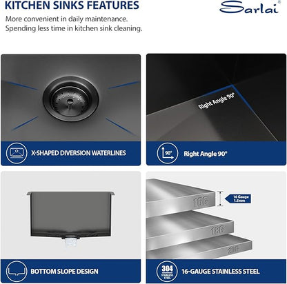 Sarlai 12“ Deep Laundry Sink Undermount - 24 Inch Black Undermount Kitchen Sink Utility Laundry Sinks Stainless Steel Single Bowl Under Counter Handmade Laundry Utility Room Basin
