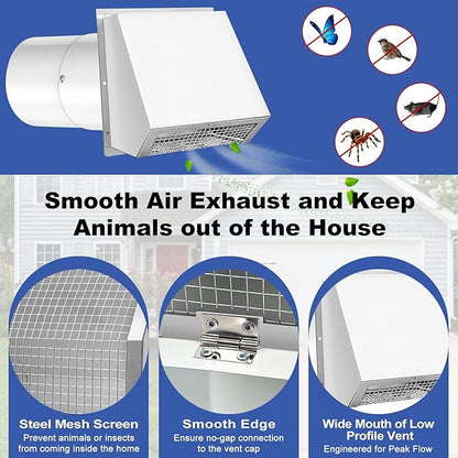 6 Inch Hooded Wall Vent with Screen and Damper, Wall Exhaust Vent Cover, 6 Inch Range Hood Wall Vent Cap, Outdoor Hooded Wall Vent for Dryer Vent, Range Hood, Kitchen, White