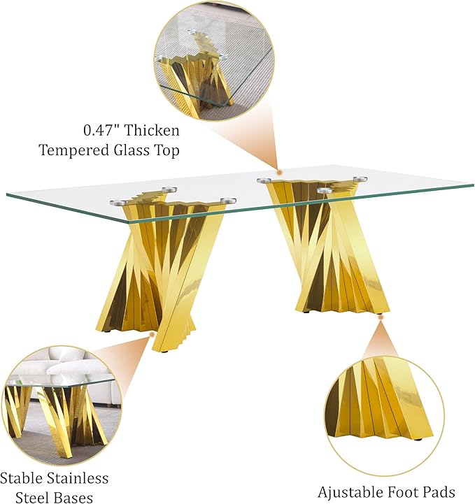 AF ARTISAN FURNITURE Glass Coffee Table, 51 Inch Rectangular Tempered Glass Coffee Table with Stainless Steel Legs, Central Table Cocktail Table Tea Table for Living Room Office, Gold