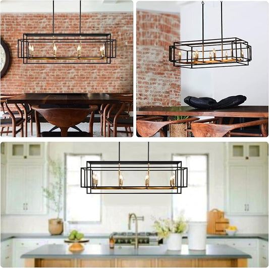 WJShome Modern Chandeliers for Dining Room, Rustic Kitchen Island Light Fixture, 8-Light Linear Pendant Lighting Rectangular Chandelier for Dining Room Kitchen Island