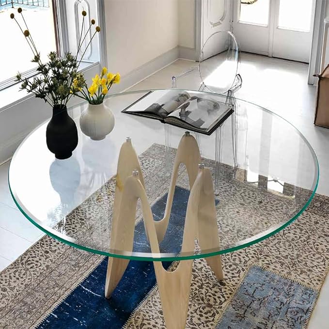 Dulles Glass 60 inch Round Glass Table Top - Tempered - 1/4" Thick Glass Surface, Safe Beveled Edge, Multipurpose for Dining Table, Patio, Coffee and End Table