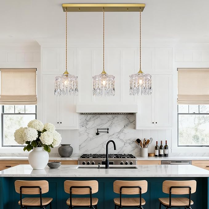 3-Light Brass Vintage Glass Pendant, Crystal Pendant Light, Adjustable Height Lighting for Kitchen Island, Dining Room, Farmhouse, Living Room(Long Chassis)
