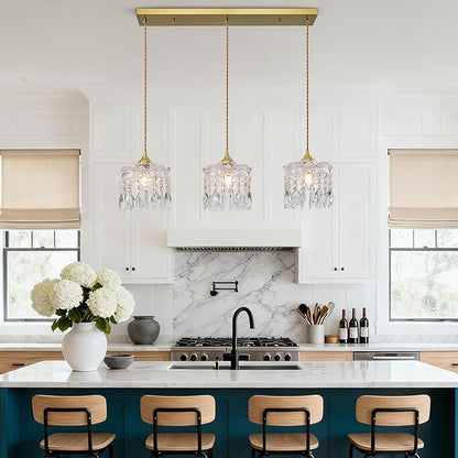 3-Light Brass Vintage Glass Pendant, Crystal Pendant Light, Adjustable Height Lighting for Kitchen Island, Dining Room, Farmhouse, Living Room(Long Chassis)