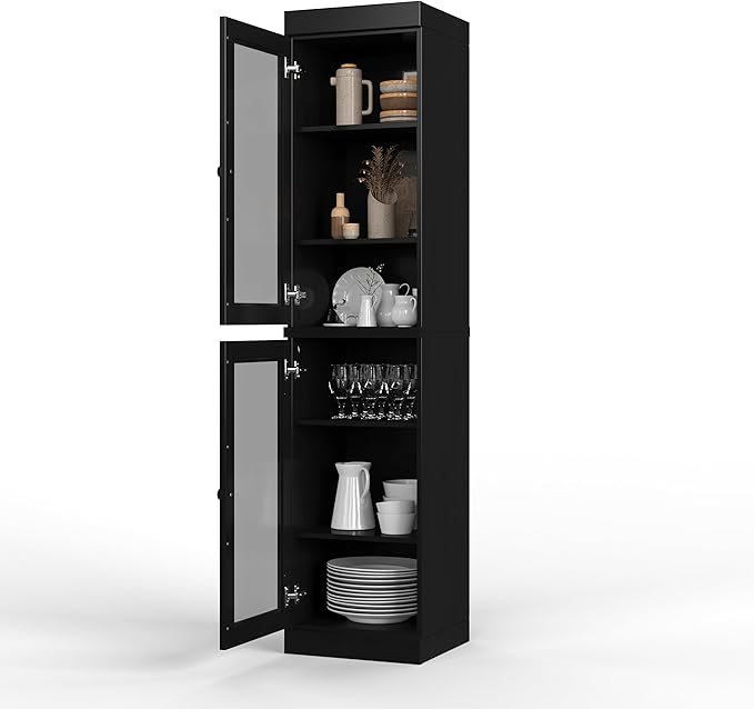Palace Imports Solid Wood Kitchen Pantry Cabinet w/Glass Doors - Narrow Storage Cabinet - 16.5" Wide x 71.5" Tall - Black, Adjustable Shelves, 100% Eco-Friendly Wood, Modular Cabinets