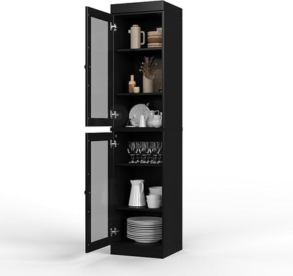 Palace Imports Solid Wood Kitchen Pantry Cabinet w/Glass Doors - Narrow Storage Cabinet - 16.5" Wide x 71.5" Tall - Black, Adjustable Shelves, 100% Eco-Friendly Wood, Modular Cabinets