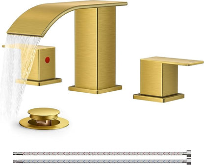FORIOUS Brushed Gold Bathroom Faucets 3 Hole, Waterfall Square 8 Inch Widespread Bathroom Sink Faucet with Metal Pop-up Drain and Supply Lines, Two Handles for Vanity, Bath, Farmhouse