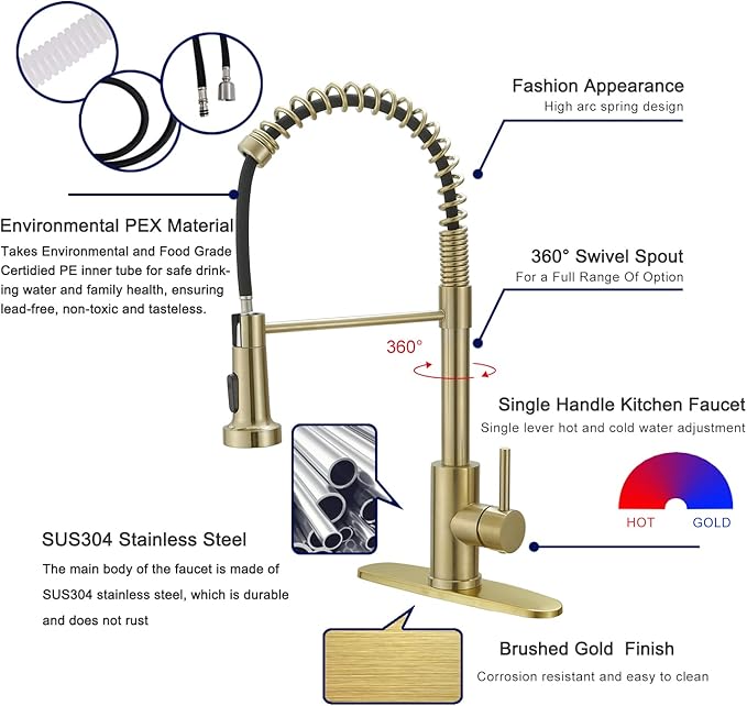 VOTON Kitchen Faucets with Pull Out Sprayer Commercial Spring Sink Faucet Stainless Steel Brushed Gold Pull Down Single Handle Farmhouse faucets with Deck Plate for Camper Laundry Utility Rv Wet Bar