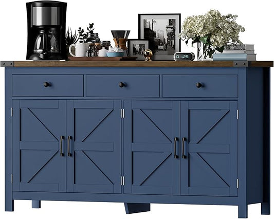 VVFLU 63" Sideboard Buffet Cabinet with Storage, Coffee Bar with 3 Drawers and 4 Barn Doors, Long Wider Storage Cabinet Modern Farmhouse, Blue Wood, for Kitchen, Dining Room, Living Room