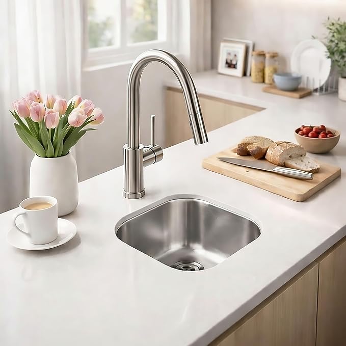 ORLANDO 16x16 inch Undermount Bar Prep Sink – 18 Gauge Stainless Steel Single Bowl Compact Kitchen Sink with Basket Strainer for Small Kitchen & Wet Bar