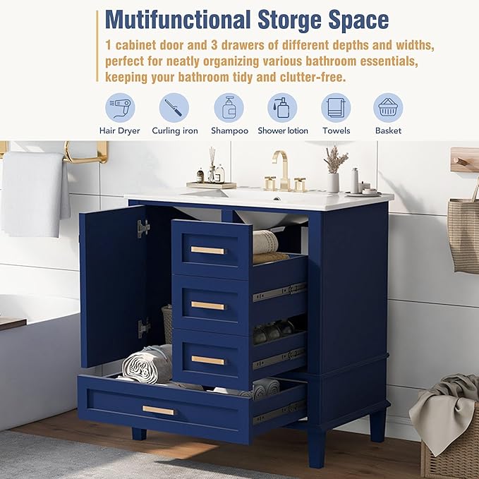 GDFStudio 30" Bathroom Vanity Sink Combo with 3 Drawers & 1 Soft Closing Door Floor Mount Freestanding Wood Bathroom Storage Cabinet Set with Ceramic Basin Sink Top for Small Bathroom Space, Blue