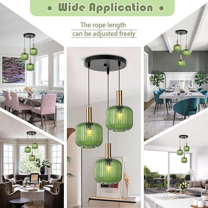 3-Light Mid-Century Modern Pendant Light with Green Glass Globes Vintage Gold Finish, Kitchen Island Chandelier for Dining Room, Bar, Breakfast Nook