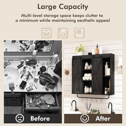 RUSTOWN Rustic Wood Wall Storage Cabinet with Two Sliding Barn Door, 3-Tier Decorative Farmhouse Vintage Cabinet for Kitchen Dining, Bathroom, Living Room,Black