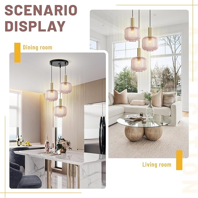 3-Lights Pink Glass Pendant Light with Striped Shade, 59" Adjustable Hanging Chandelier Vintage Industrial Ceiling Light Fixture for Dining Room Living Room Bedroom